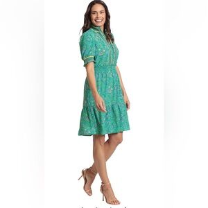 London Times Green Floral Smocked Waist with Ruffle Collar  Mini Dress Women’s 4